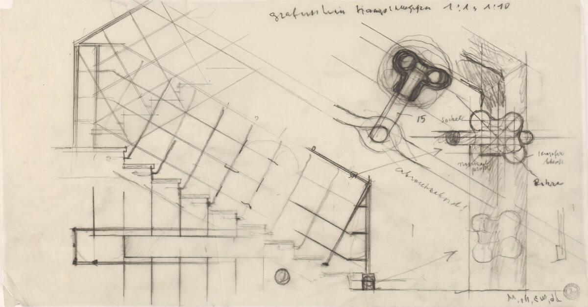 Clemens Holzmeister, Grafenstein, Volksschule; Studie; Haupttreppe, Ansicht, Grundriss; Detail …