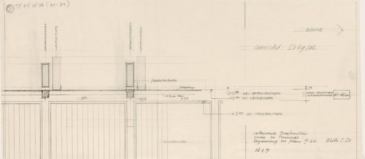Clemens Holzmeister, Grafenstein, Volksschule; Decke im Turnsaal, Schnitt (Ergänzung zu Plan G.…