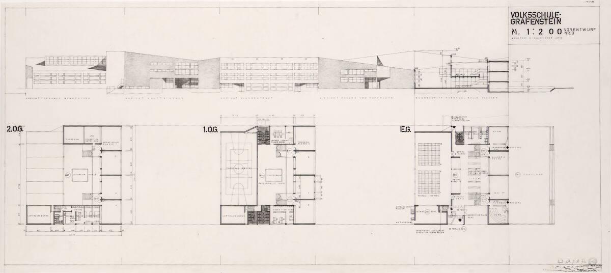 Clemens Holzmeister, Grafenstein, Volksschule; Vorentwurf 3; Ansicht Turnhalle und Bühnenturm, …