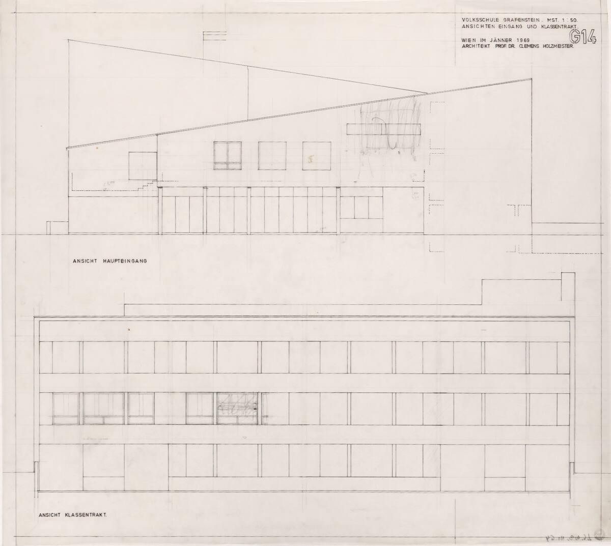 Clemens Holzmeister, Grafenstein, Volksschule; Ansicht Haupteingang, Ansicht Klassentrakt, Inv.…