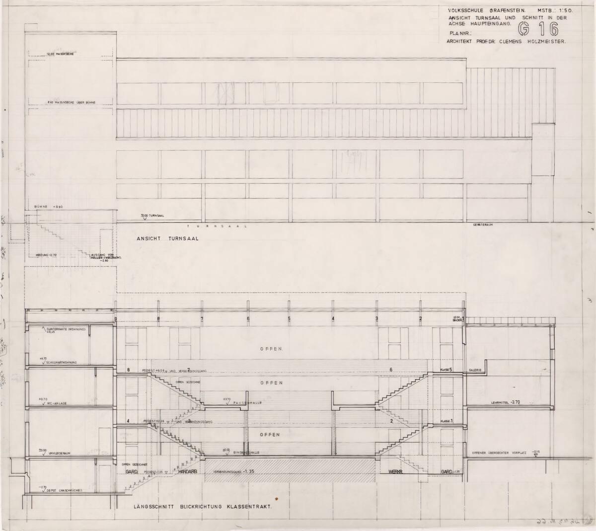 Clemens Holzmeister, Grafenstein, Volksschule; Ansicht Turnsaal, Längsschnitt (in der Achse Hau…