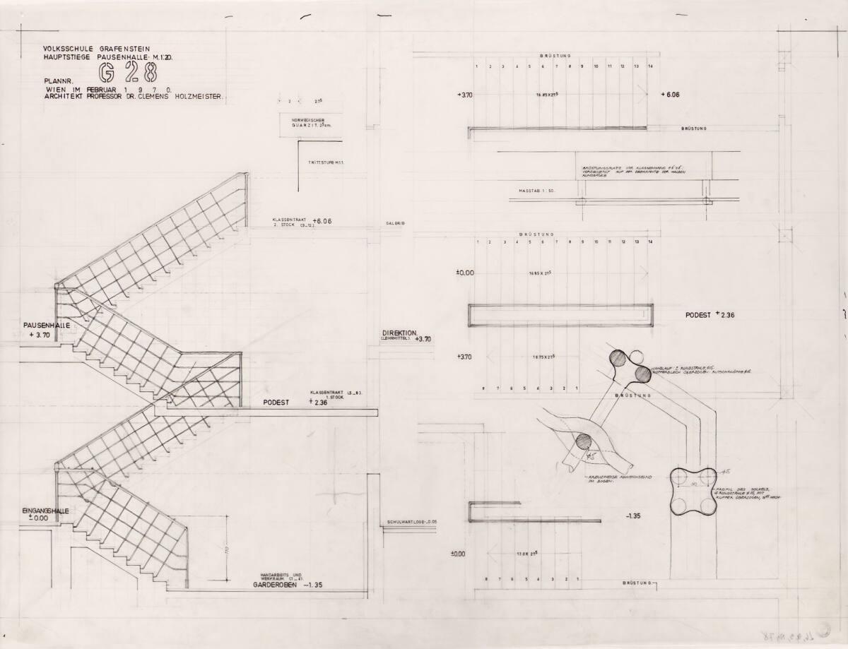 Clemens Holzmeister, Grafenstein, Volksschule; Hauptstiege Pausenhalle, Ansicht, Grundrisse; De…