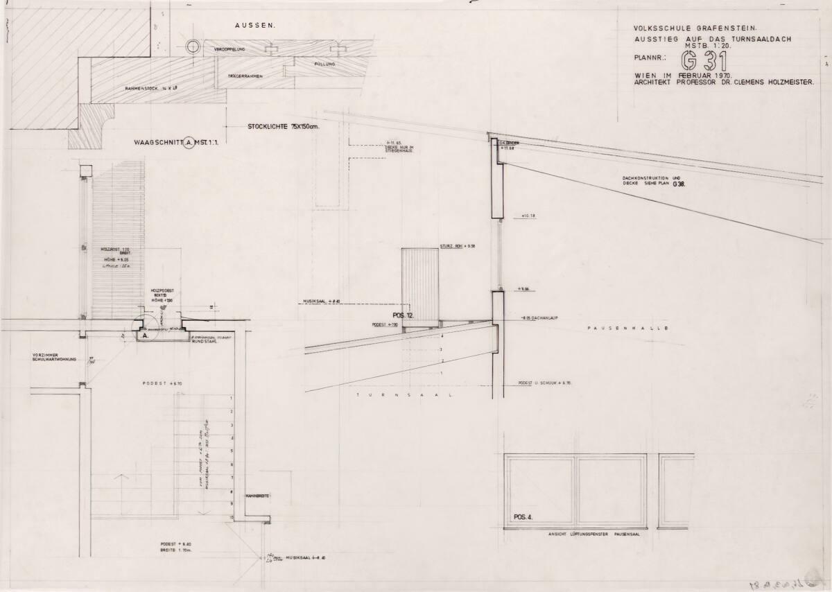 Clemens Holzmeister, Grafenstein, Volksschule; Ausstieg auf das Turnsaaldach, Grundriss; Detail…