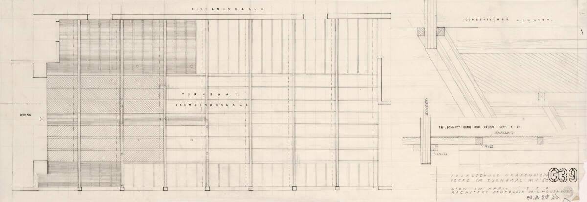 Clemens Holzmeister, Grafenstein, Volksschule; Decke im Turnsaal, Untersicht mit Horizontalschn…
