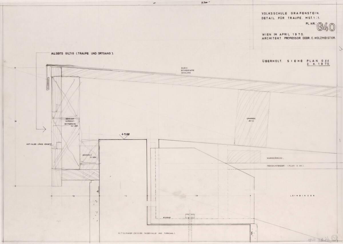 Clemens Holzmeister, Grafenstein, Volksschule; Detail Traufe, Schnitt (überholt, siehe Plan G 4…