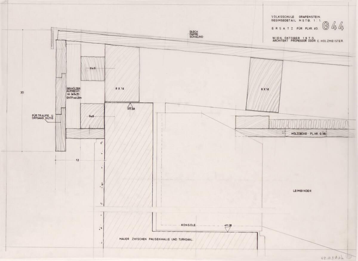 Clemens Holzmeister, Grafenstein, Volksschule; Detail Gesimse, Schnitt (Ersatz für Plannummer G…