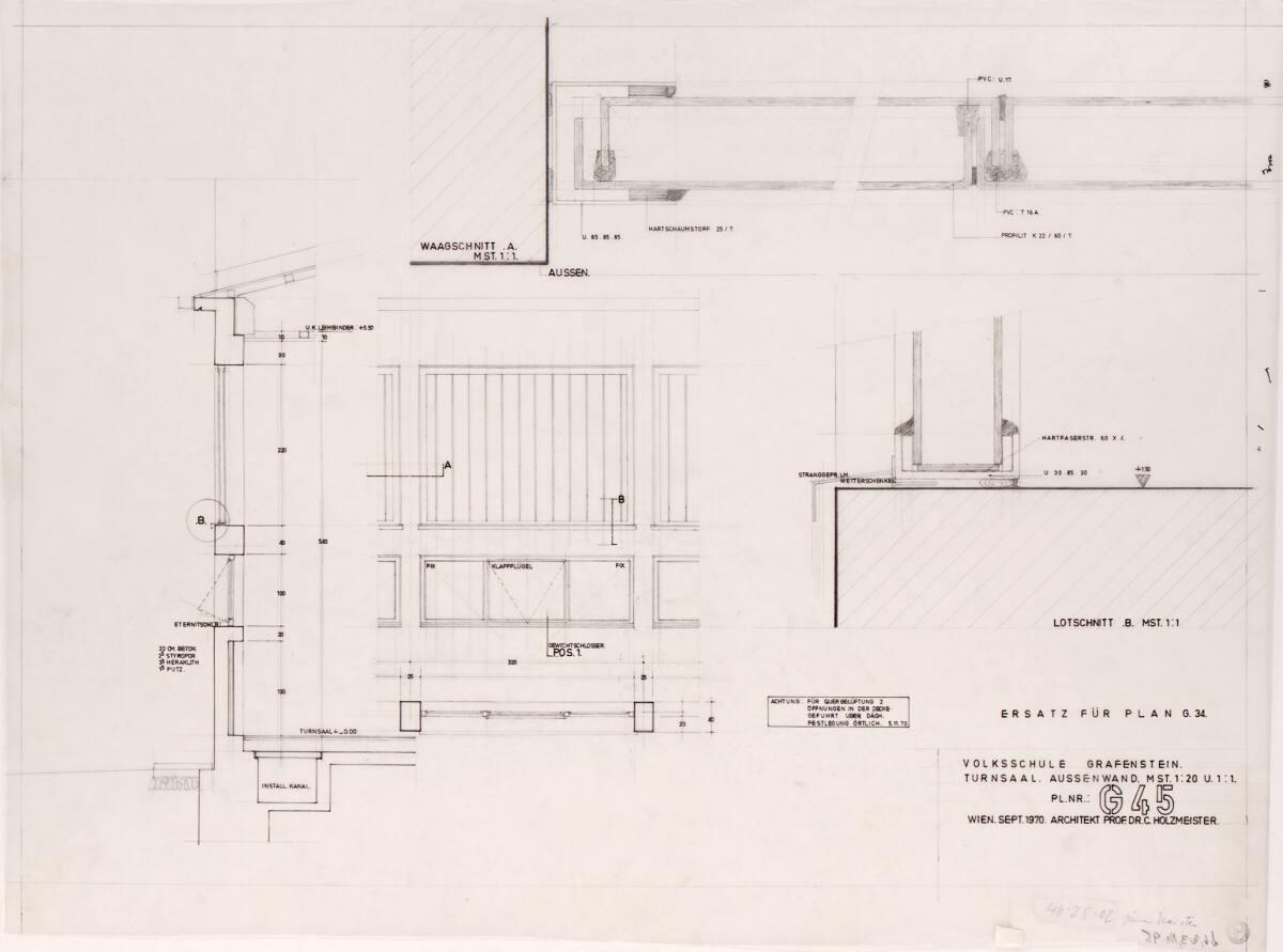 Clemens Holzmeister, Grafenstein, Volksschule; Turnsaal Außenwand, Ansicht, Horizontalschnitt, …