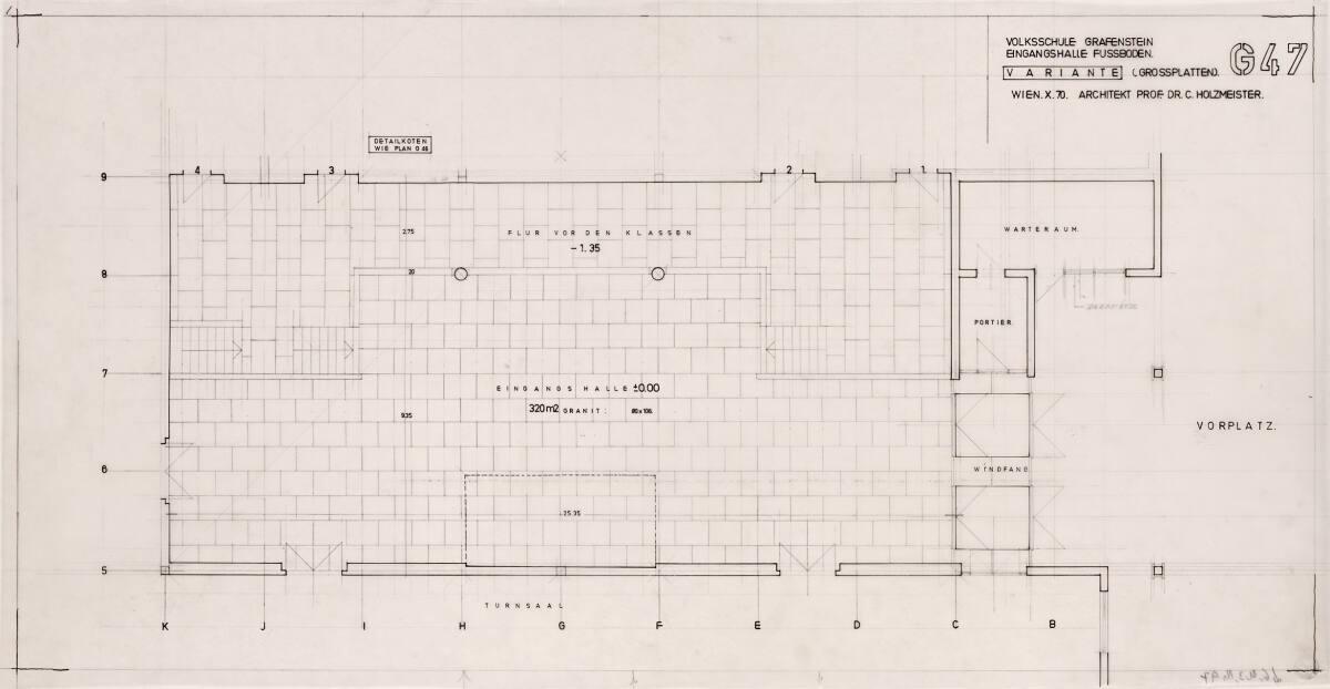 Clemens Holzmeister, Grafenstein, Volksschule; Fußboden Eingangshalle, Grundriss (Variante mit …