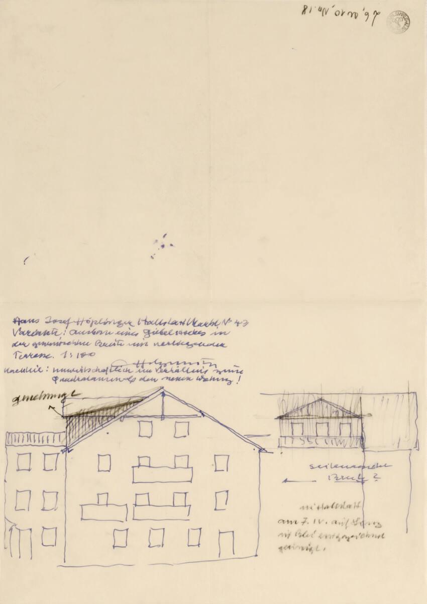 Clemens Holzmeister, Hallstatt, Ortsbild; Haus Markt Nr. 43 (Josef Höplinger), Aufstockung; Var…
