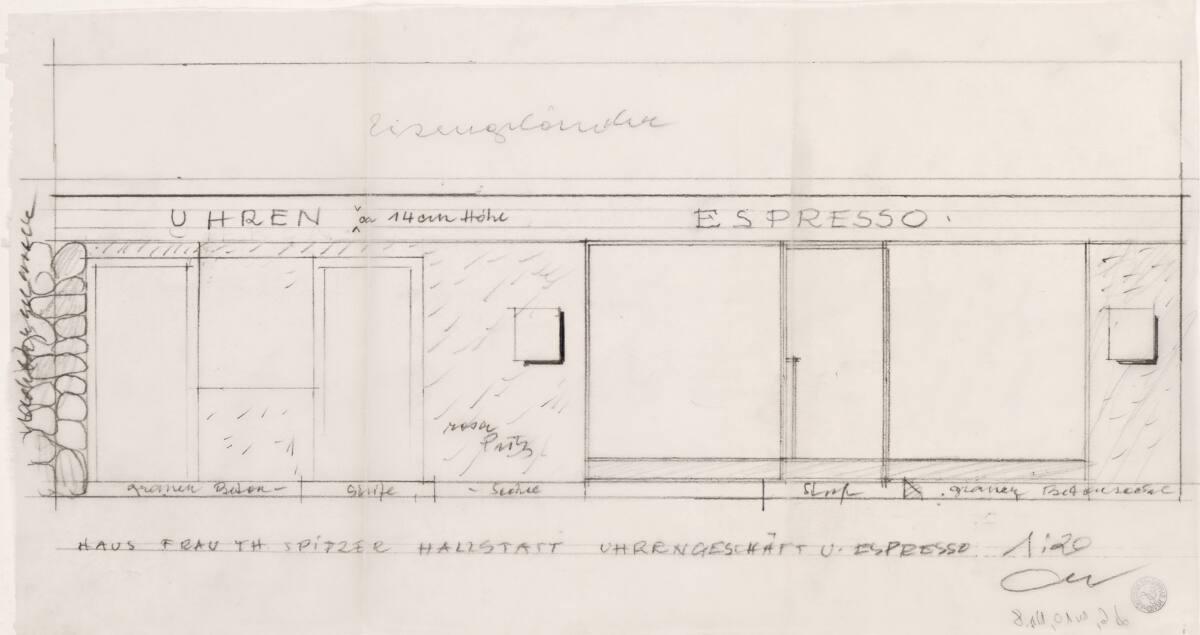 Clemens Holzmeister, Hallstatt, Ortsbild; Haus Theresia Spitzer, Uhrengeschäft und Espresso; St…