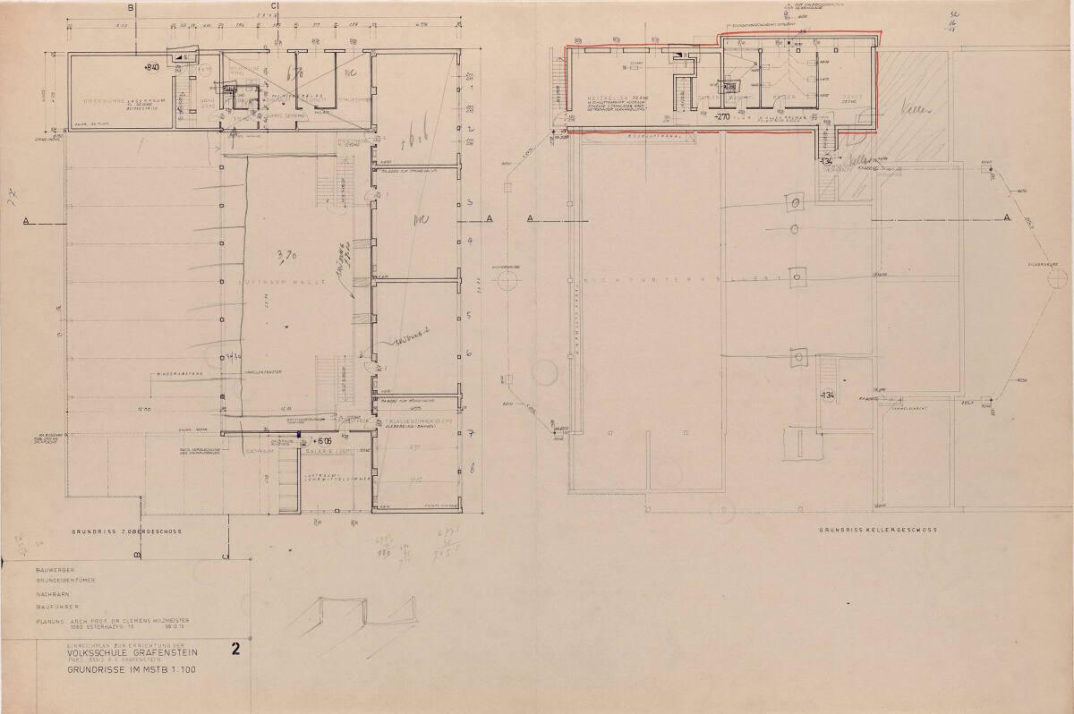 Clemens Holzmeister, Grafenstein, Volksschule; korrigierter Einreichplan; Grundriss 2. Obergesc…