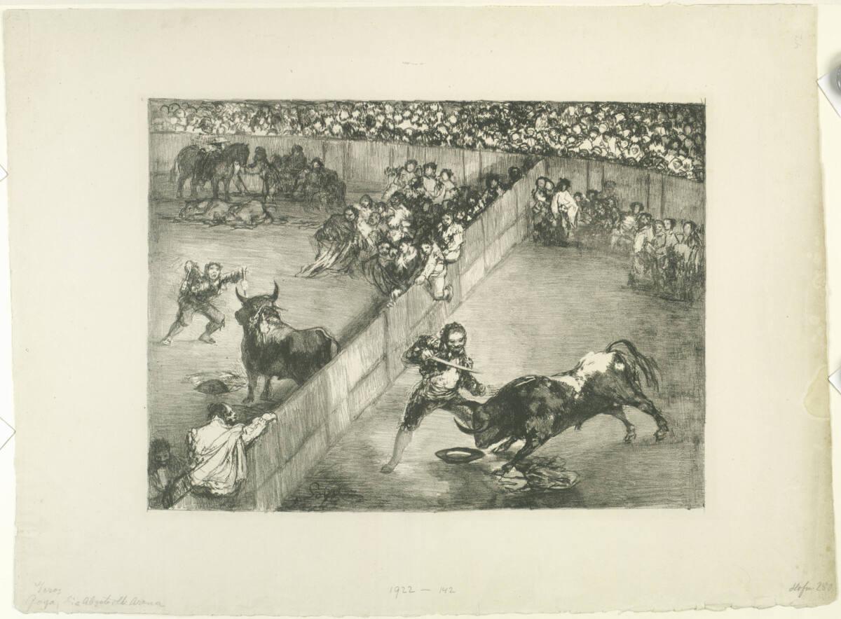 Los Toros de Burdeos: Plaza partida - Stiergefecht mit abgeteilter Arena, Francisco Goya, 1825