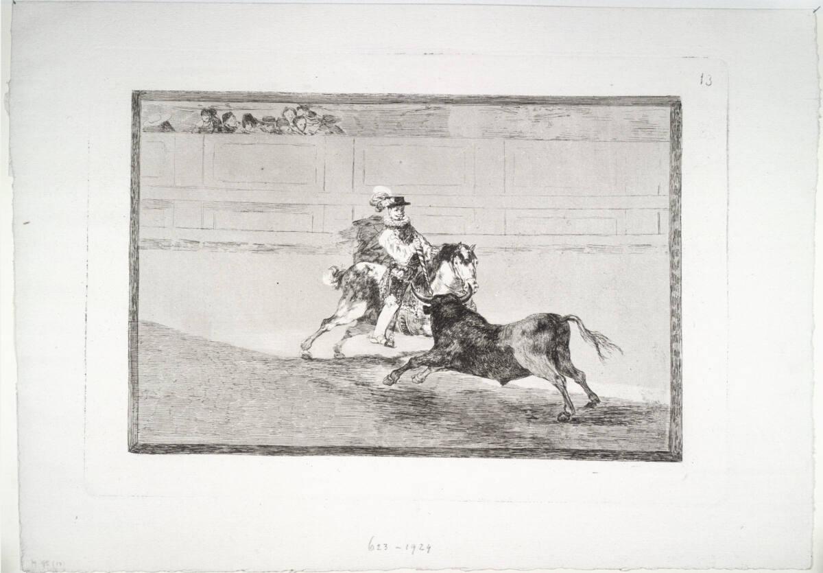 Francisco José de Goya y Lucientes, La Tauromáquia: Un caballero espanol en plaza quebrando rej…