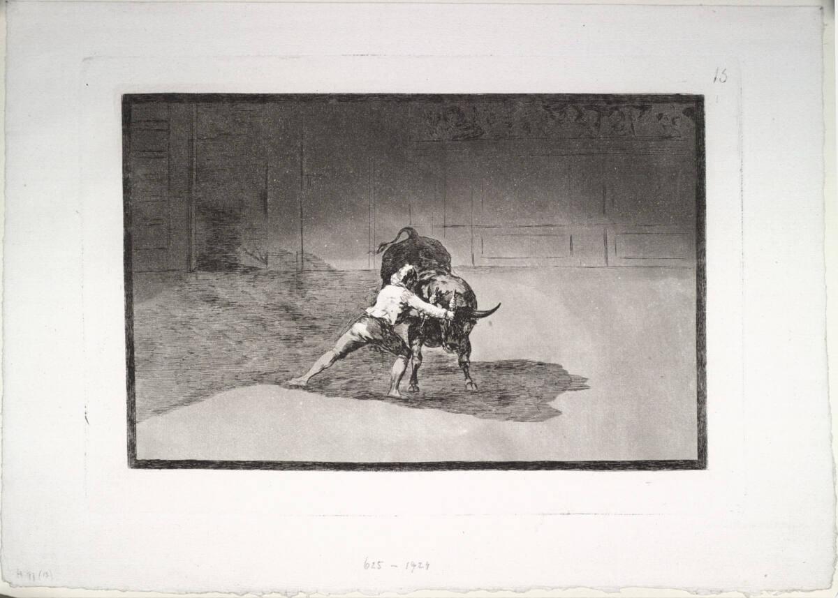 La Tauromáquia: El famosos Martincho poniendo banderillas al quiebro - Wie der berühmte Martincho die Wurfpfeile mit einer Körperwendung setzt, Francisco Goya, 1816