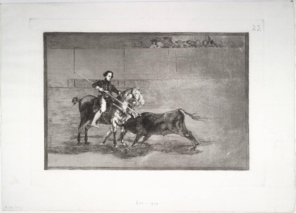 La Tauromaquia: Valor varonil de la célebre Pajuelera en la <plaza> de Zaragoza - Mannesmut der berühmten Pajuelera in der Arena von Saragossa, Francisco Goya, 1816
