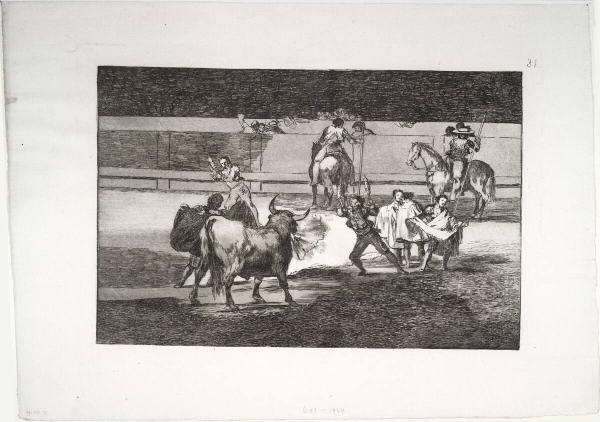 La Tauromáquia: Benderillas de fuego - Wurfpfeile mit Schwärmern, Francisco Goya, 1816