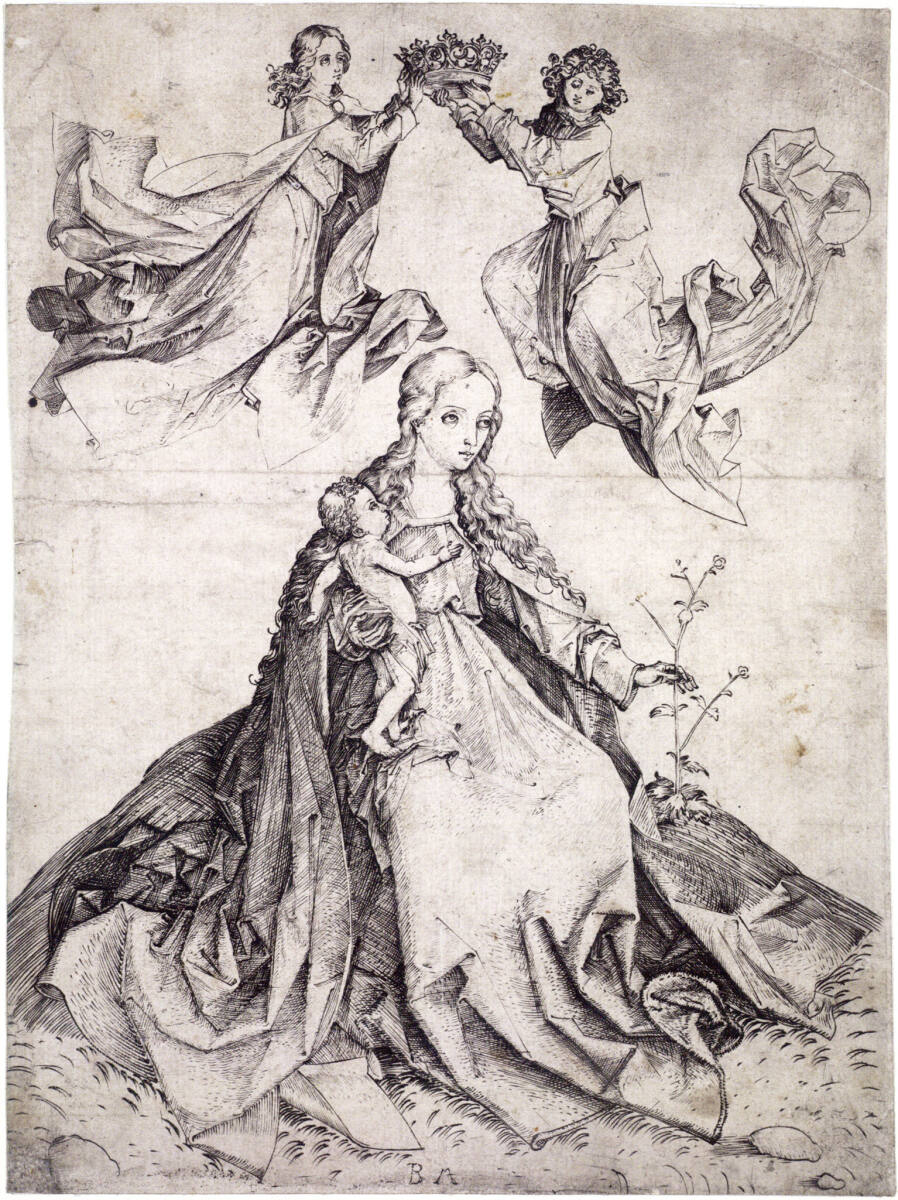 Die sitzende Madonna, von zwei Engeln gekrönt, MonogrammistBM