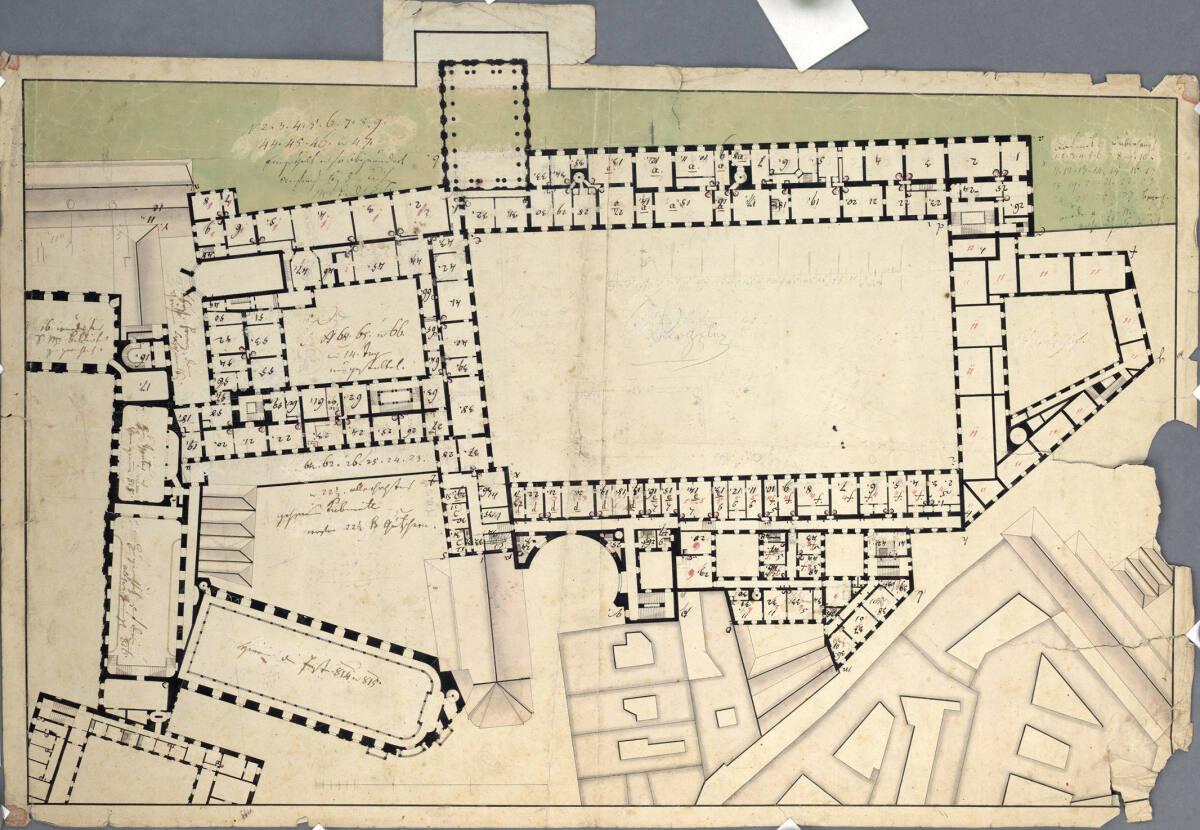 Wien I, Hofburg, Gesamtplan, 2.Stock, Grundriss, mit nachträglicher Einzeichnung des Zeremonien…