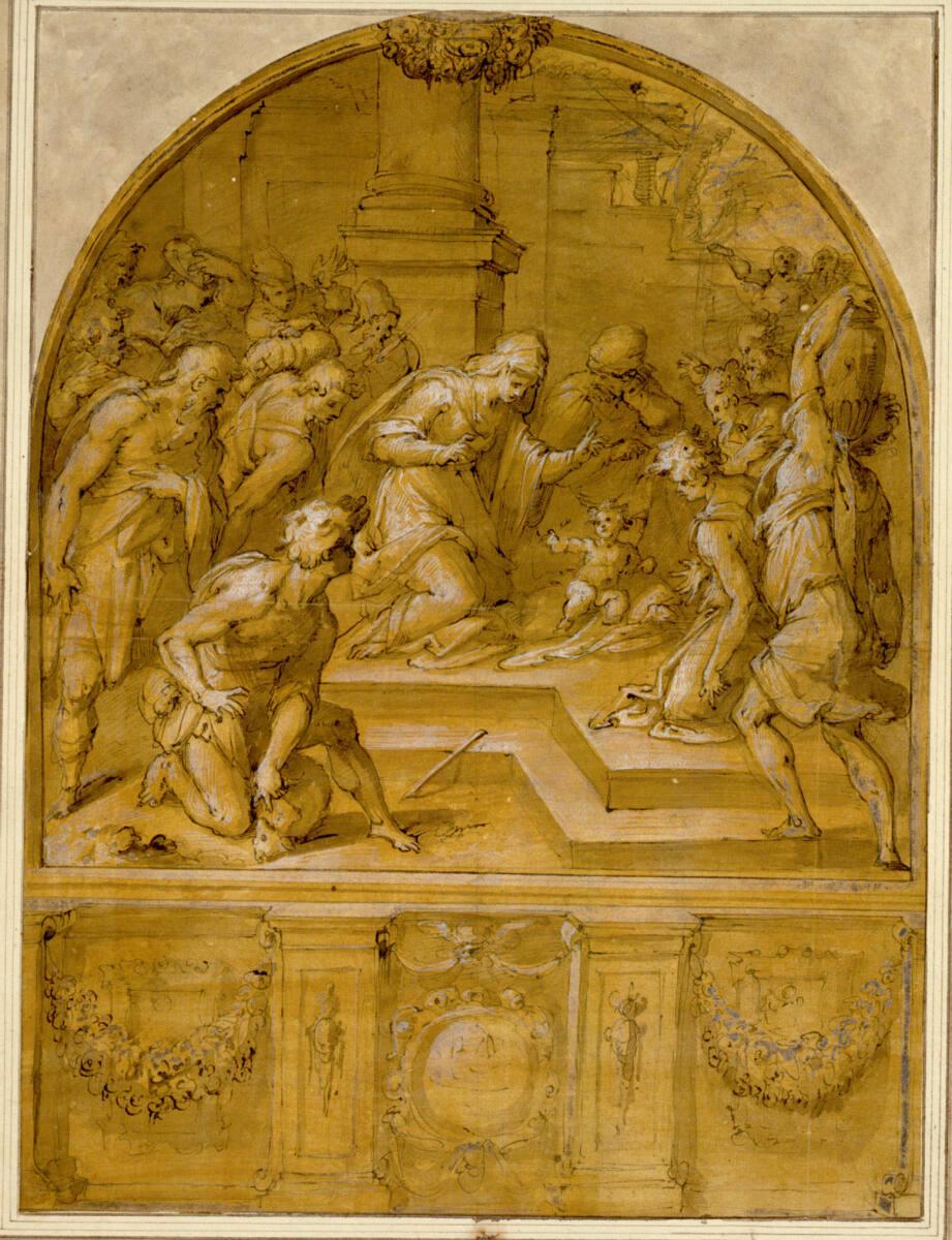Giovanni Balducci, Anbetung der Hirten vor einem Säulensockel. (Im unteren Drittel der Marmorso…
