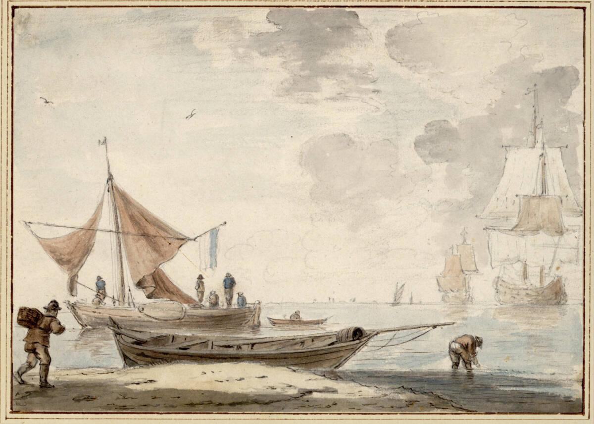 Küstenlandschaft mit Fischerbooten und Segelschiffen, Inv. Nr.: 8387