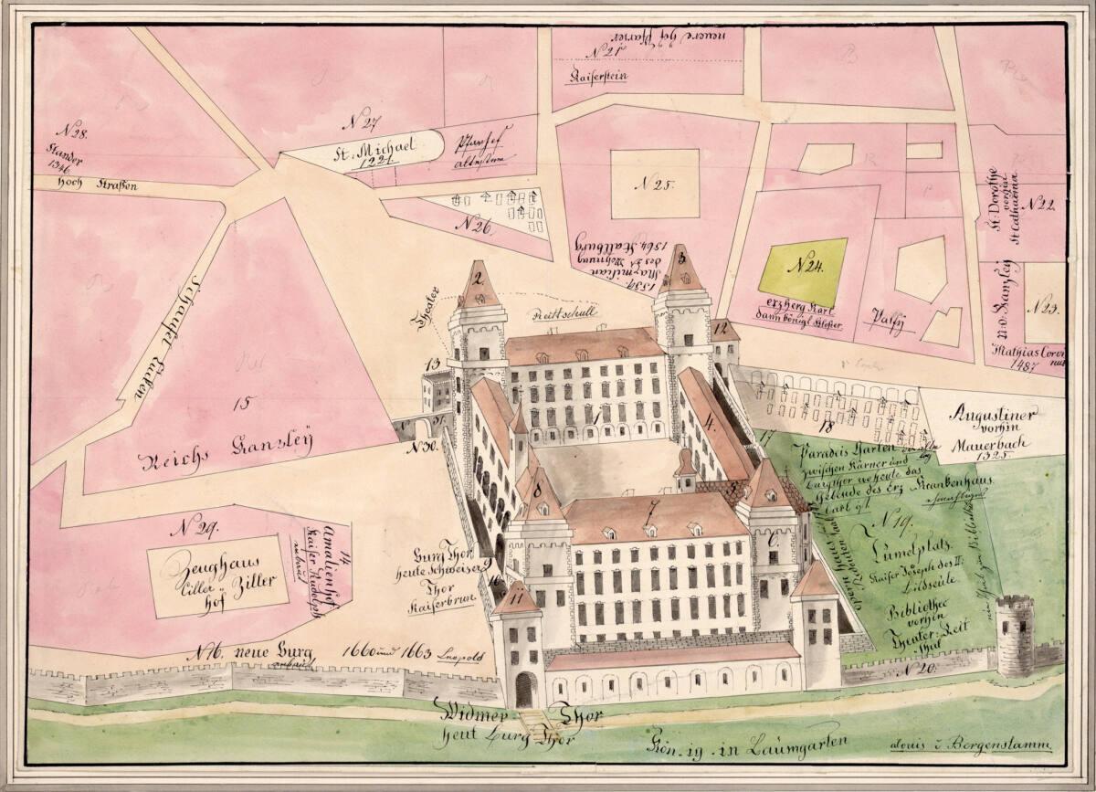 Wien I, Hofburg, Rekonstruktion, rekonstruierte Ansicht aus dem Jahre 1458 mit Hinzufügung der …