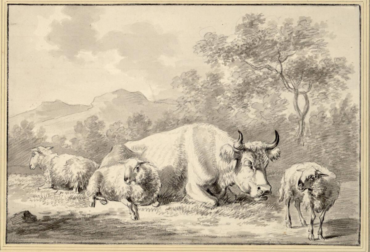 Liegende Kuh und drei Schafe, Inv. Nr.: 8396