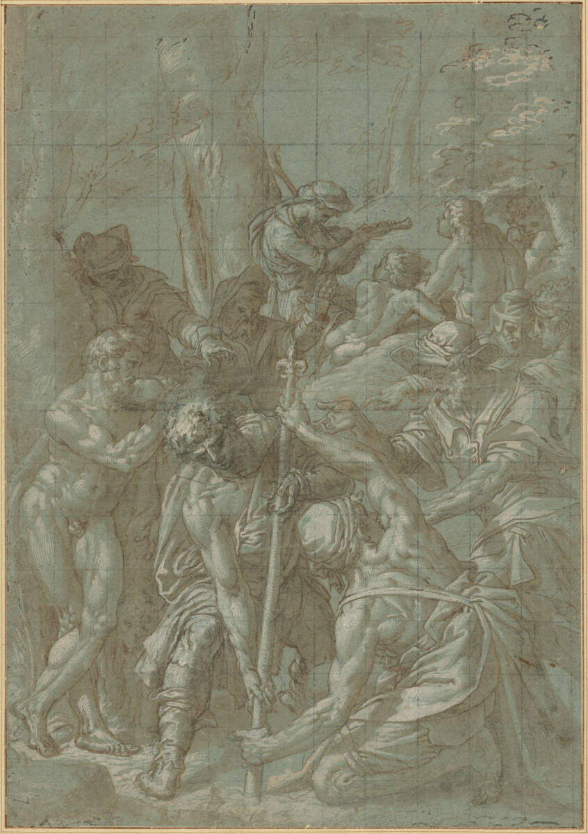 Zwei Männer versuchen die Lanze des Herkules aus dem Boden zu ziehen, Jacopo Bertoia, 1569
