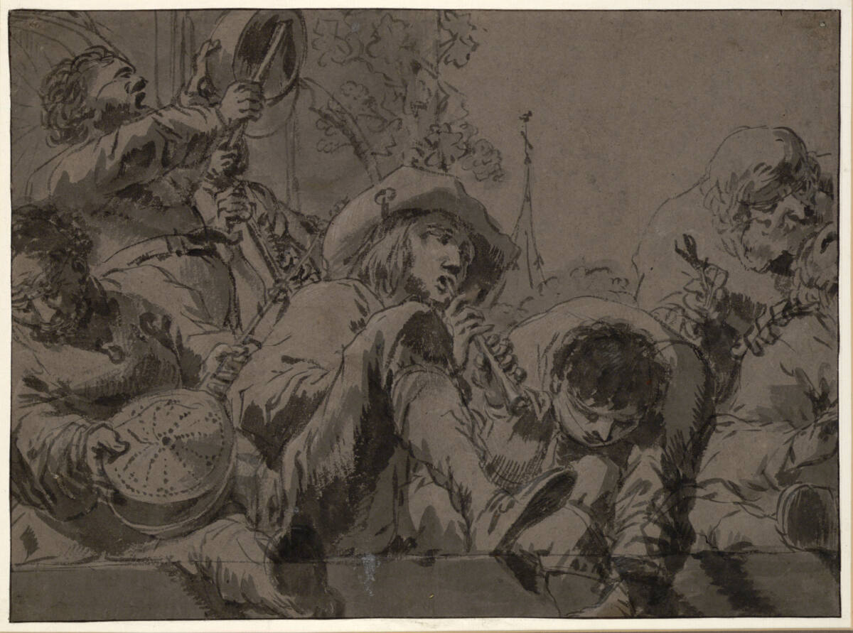 Gruppe von Straßenmusikanten auf einer Brüstung, Leonaert Bramer