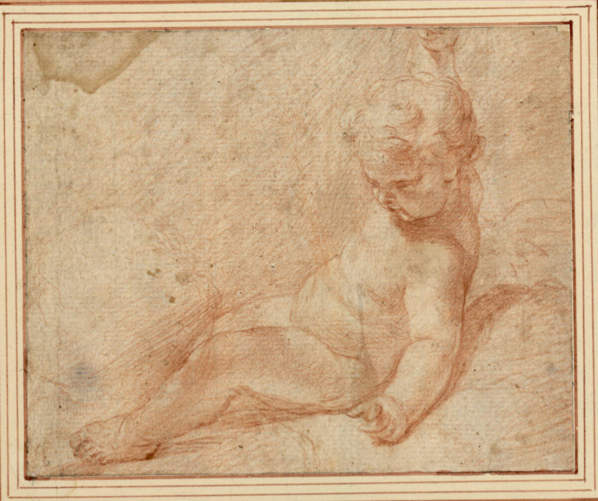 Sitzender Putto mit erhobenem Arm, François Duquesnoy