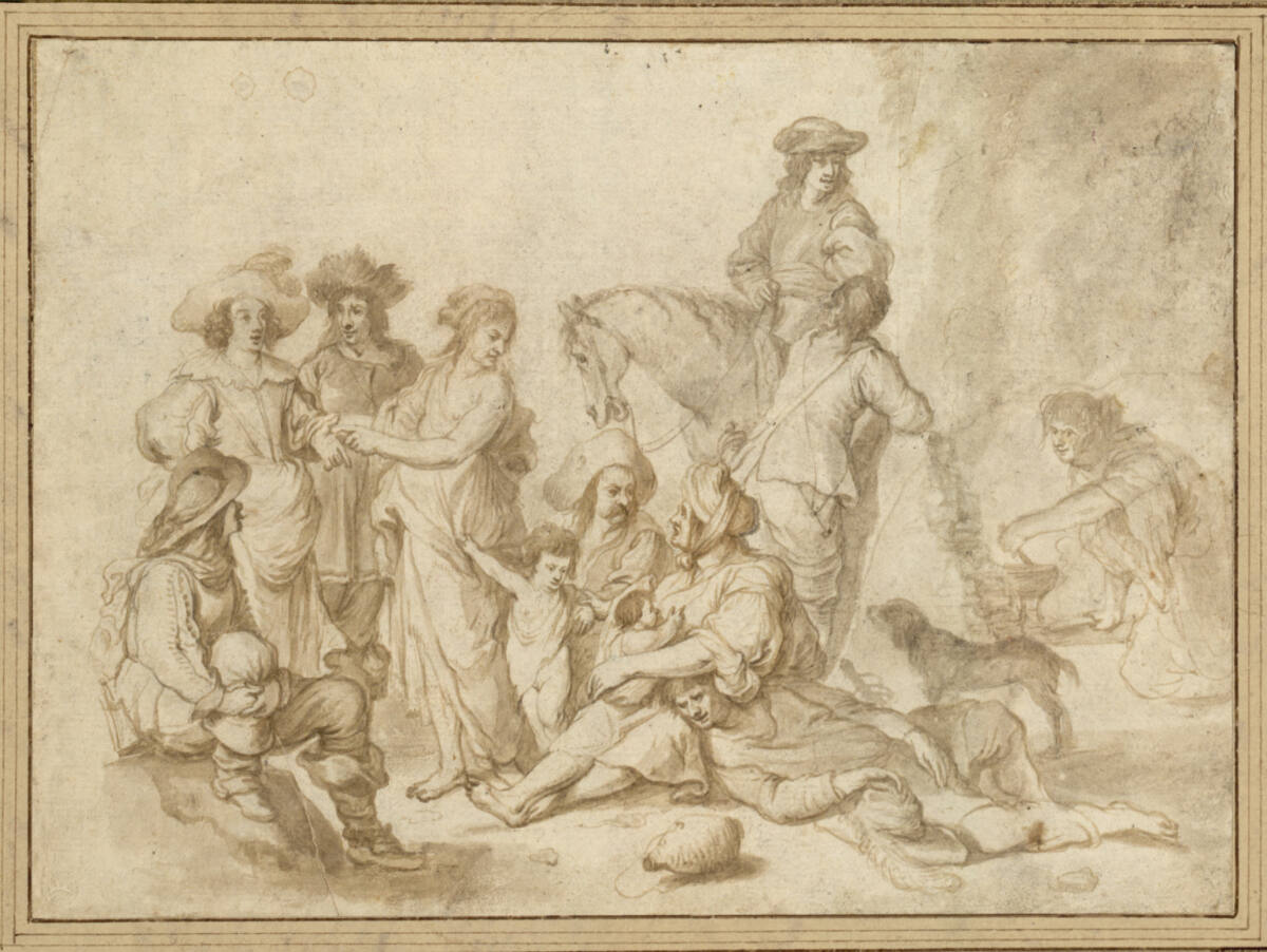 Lagernde Roma-Familie mit Reiter und Dame, die sich aus der Hand lesen lässt, Cornelis de Wael