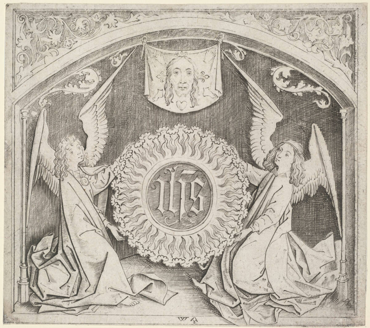 Das Monogramm Jesu, von zwei Engeln gehalten, Master W with the Key, 1465–1490