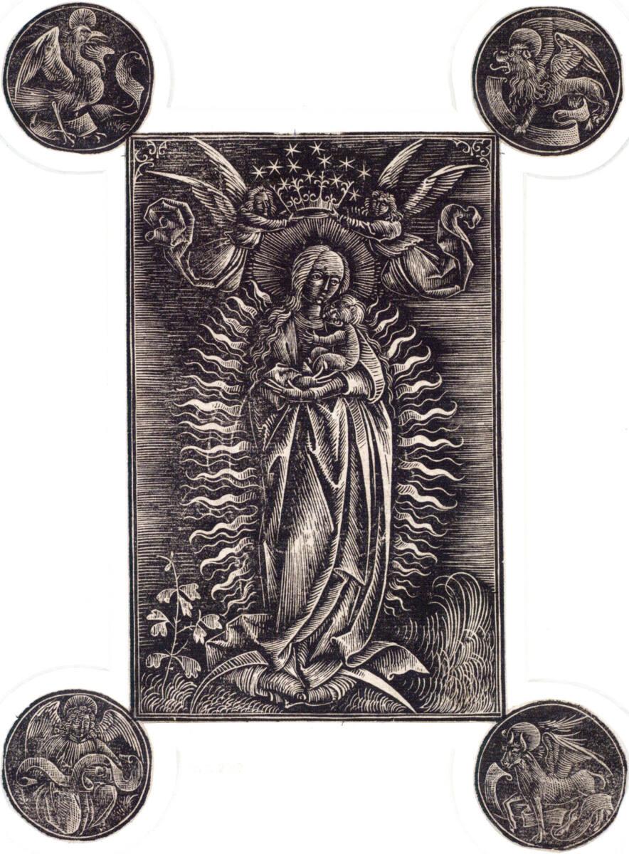 Titelblatt von "Stellarium Corone benedicte marie virginis": Madonna in der Glorie mit den Evan…