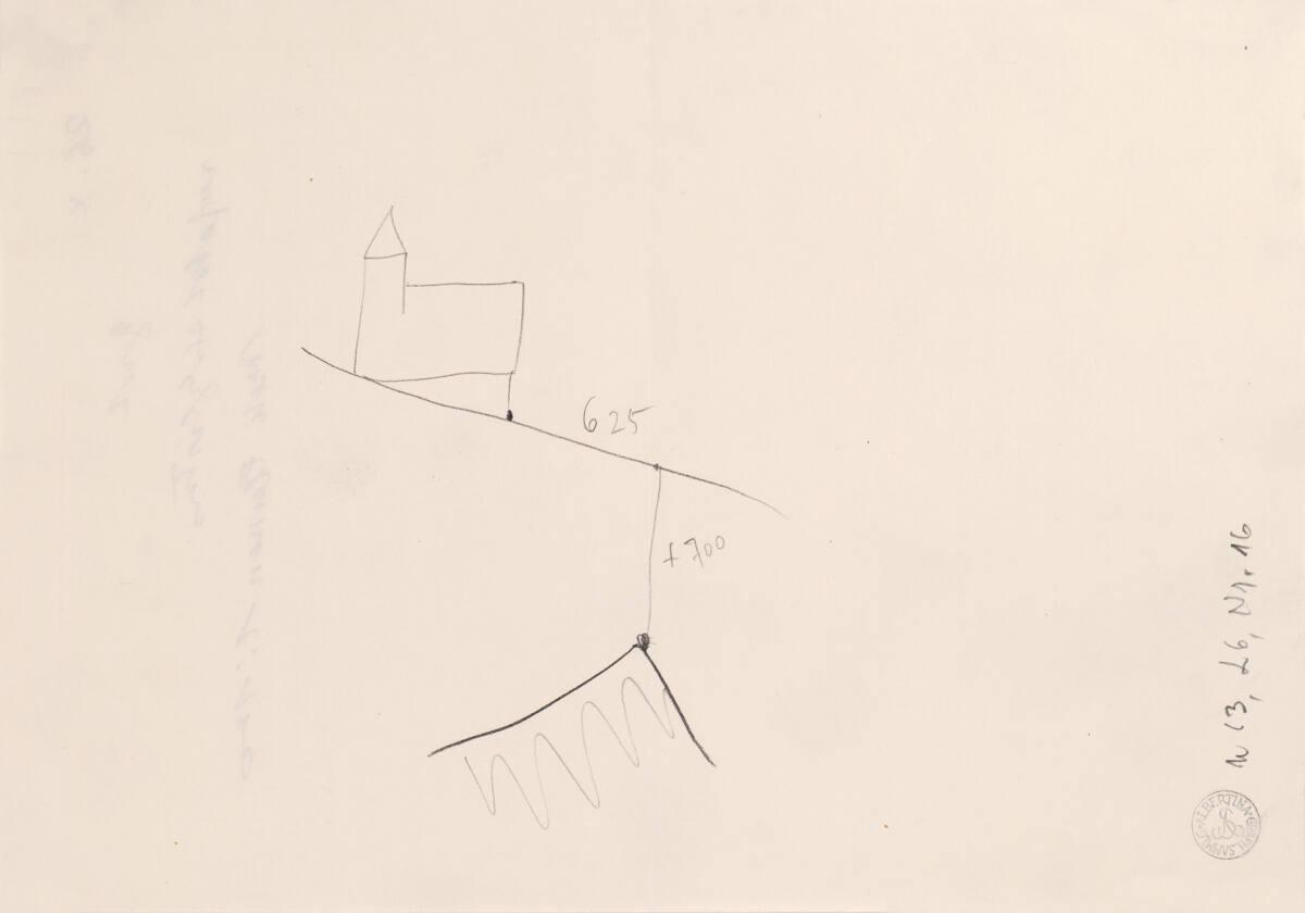 Clemens Holzmeister, Höchsölden-Gaislach, Kapelle; Maßskizze; Ansicht mit Lageplan (verso), Inv…