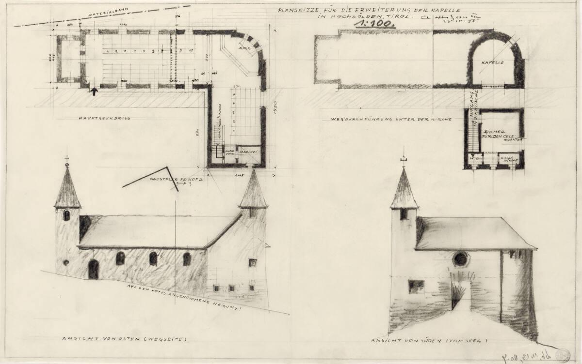 Clemens Holzmeister, Höchsölden-Gaislach, Kapelle; Planskizze für die Erweiterung; Grundriss Ha…