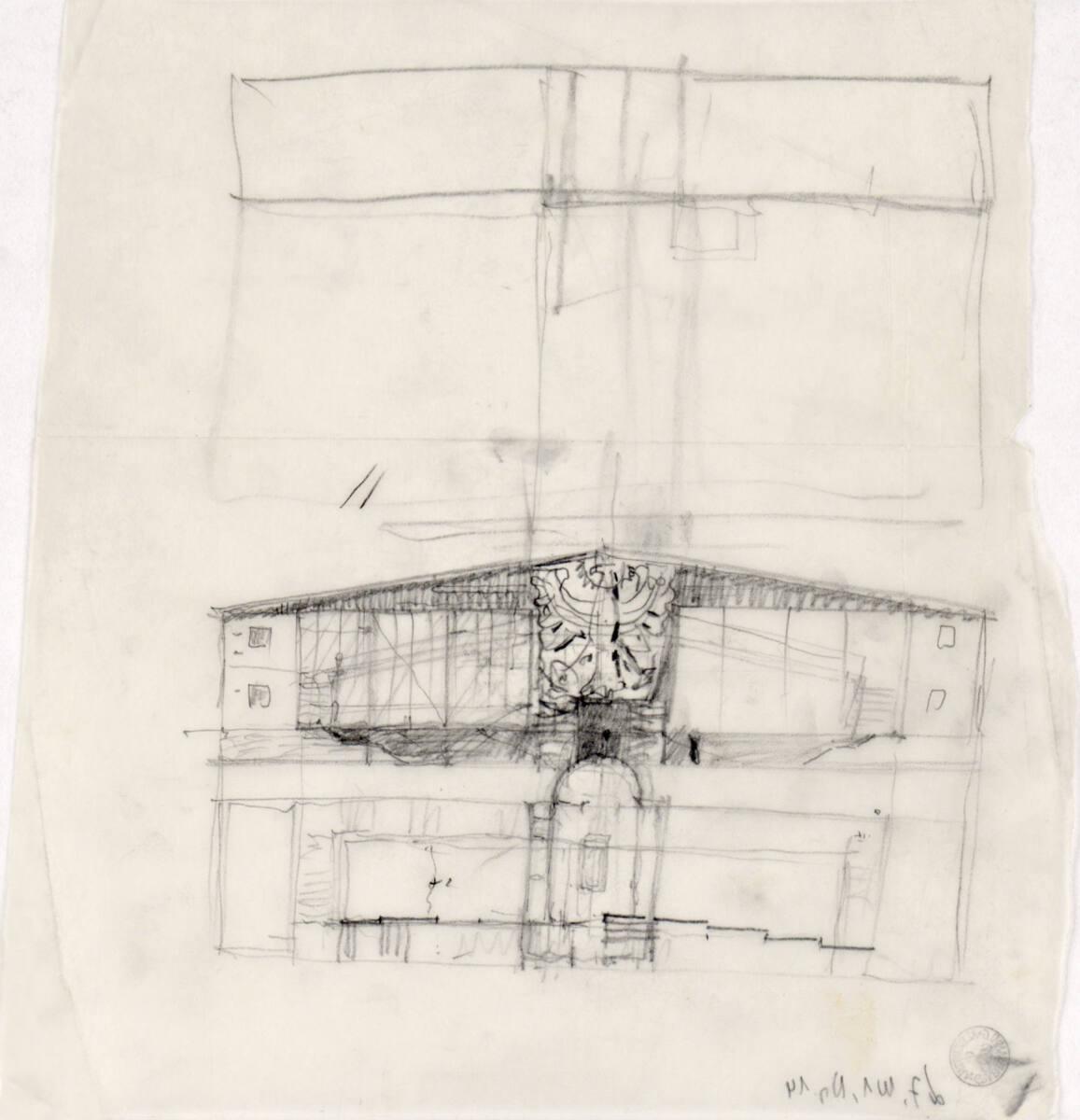 Clemens Holzmeister, Innsbruck, Berg Isel, Ehrenhalle; Variante B; Studie; Ansicht, Grundriss, …