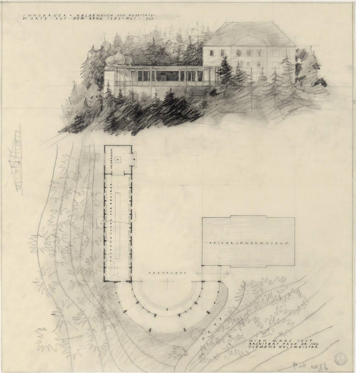 Clemens Holzmeister, Innsbruck, Berg Isel, Ehrenhalle, Kaiserjägermuseum und Aussichtswarte; Va…