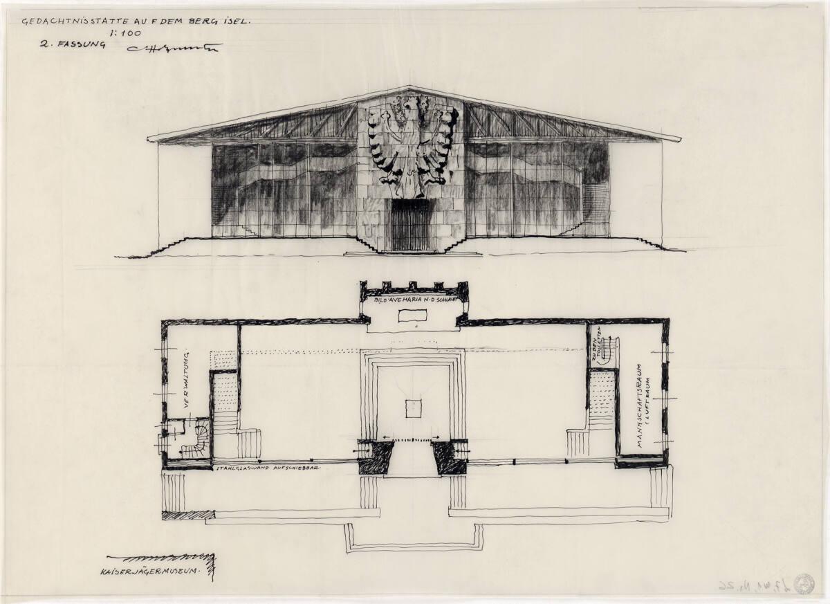 Clemens Holzmeister, Innsbruck, Berg Isel, Ehrenhalle; Variante B; Studie; Ansicht; Grundriss H…