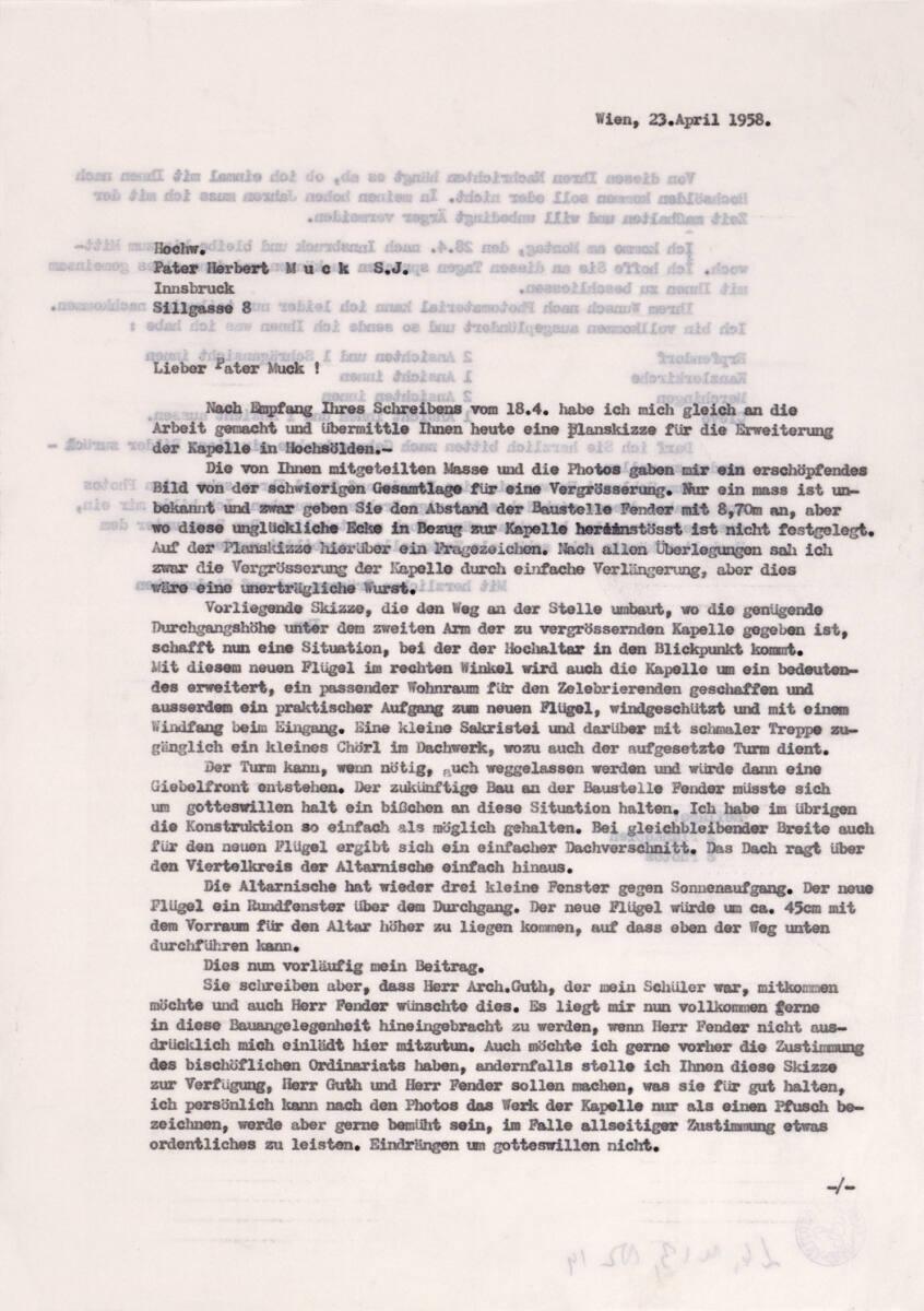 Höchsölden-Gaislach, Kapellenerweiterung; Schreiben von Clemens Holzmeister vom 23. April 1958 …