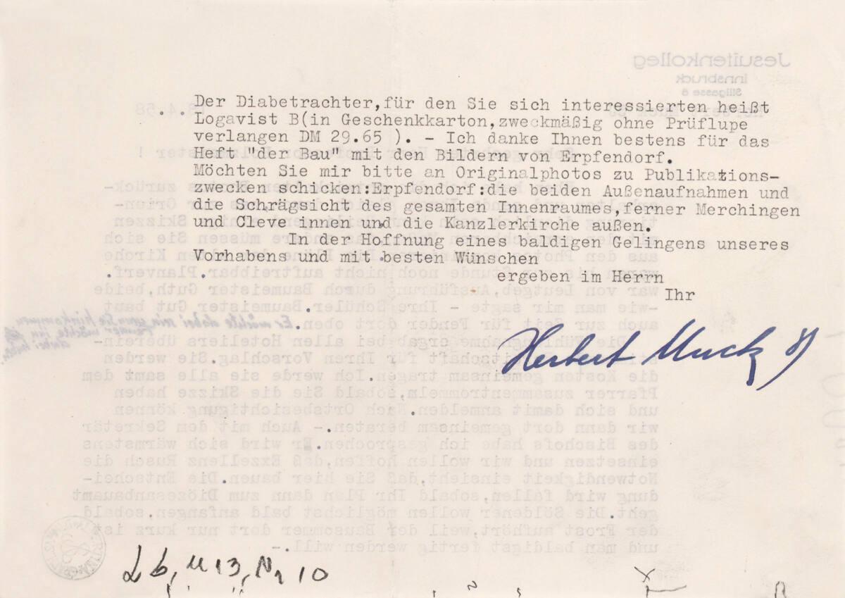 Höchsölden-Gaislach, Kapellenerweiterung; Schreiben von Herbert Muck SJ vom 18.4.1958 an Clemen…