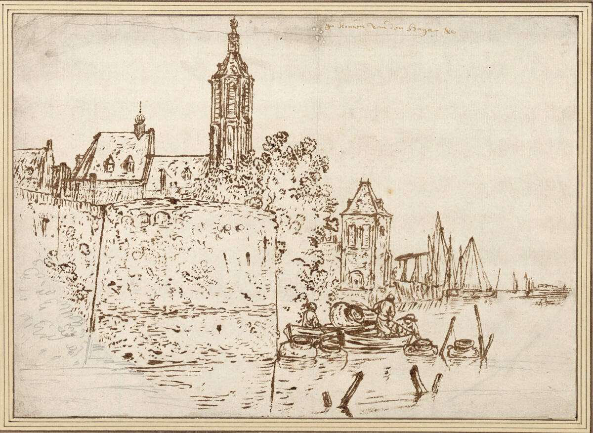 Blick auf die Grote Kerk vom Haag (?) mit Fischern vor einer Uferbastion, Jan van Goyen