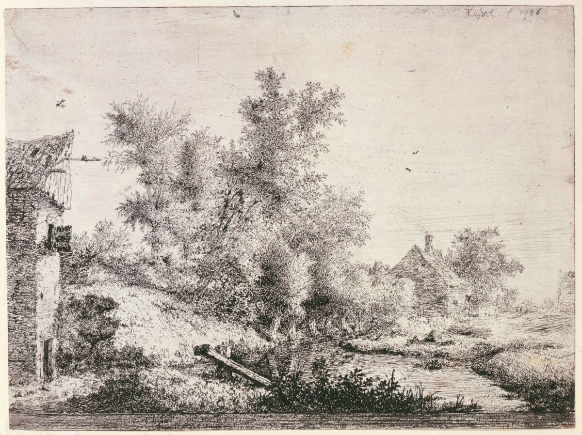 Bauernhäuser und eine Baumgruppe bei einem kleinem Fluss, Jacob van Ruisdael