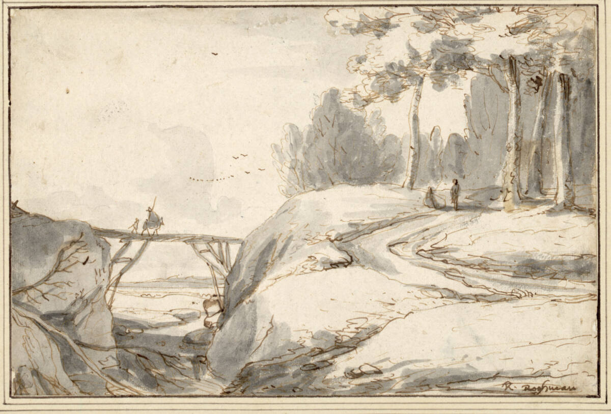 Landschaft mit Schlucht und Holzbrücke, Roelant Roghman