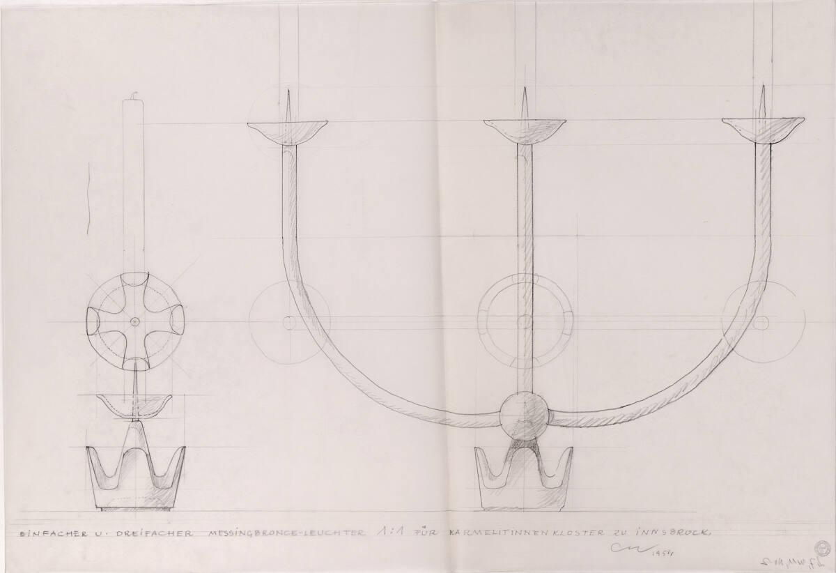 Clemens Holzmeister, Innsbruck, Karmelitinnenkloster, Altarraum; einfacher Altarleuchter, Ansic…