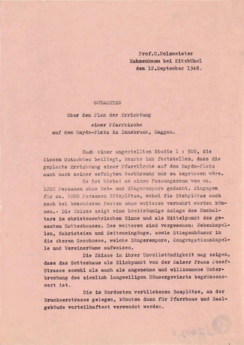 Innsbruck, Pfarrkirche Saggen; Gutachten von Clemens Holzmeister vom 12. September 1948 über de…