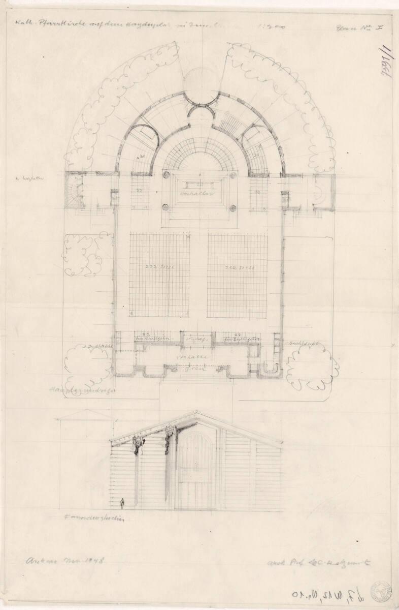 Clemens Holzmeister, Innsbruck, Pfarrkirche Saggen; Studie; Grundriss Erdgeschoß; Vorderansicht…