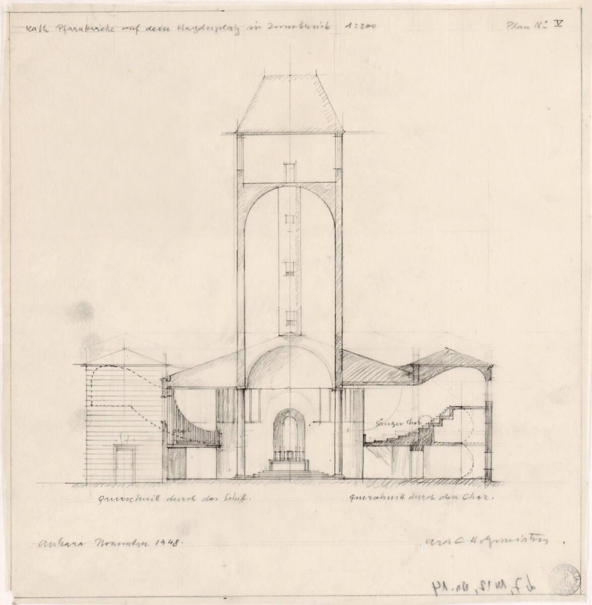 Clemens Holzmeister, Innsbruck, Pfarrkirche Saggen; Studie; Querschnitt durch das Schiff und Qu…