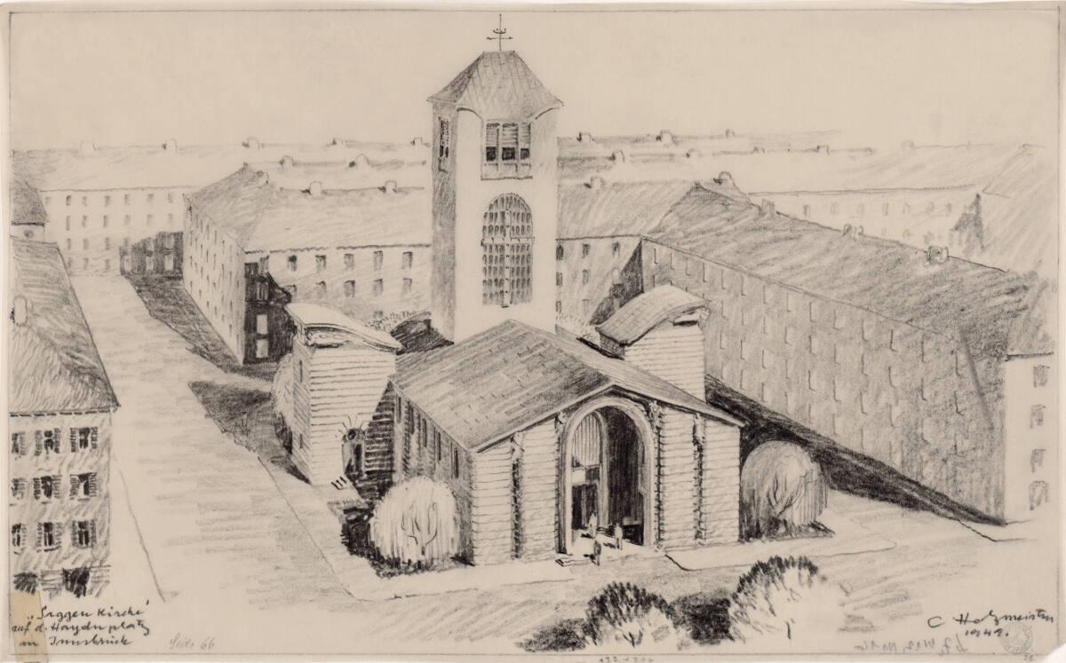 Clemens Holzmeister, Innsbruck, Pfarrkirche Saggen; Studie; Vogelperspektive, Inv. Nr.: CLHA7/1…