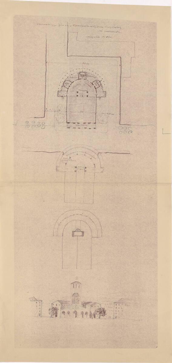 Clemens Holzmeister, Innsbruck, Pfarrkirche Saggen; Ideenskizze; Grundriss Erdgeschoß, Grundris…