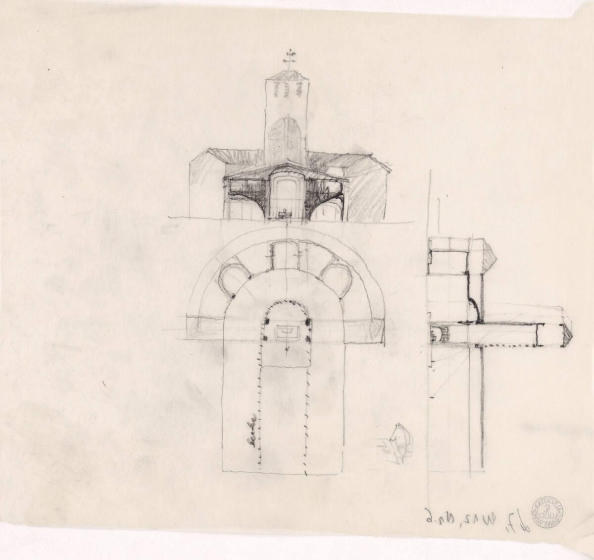 Clemens Holzmeister, Innsbruck, Pfarrkirche Saggen; Studie; Querschnitt, Längsschnitt, Grundris…