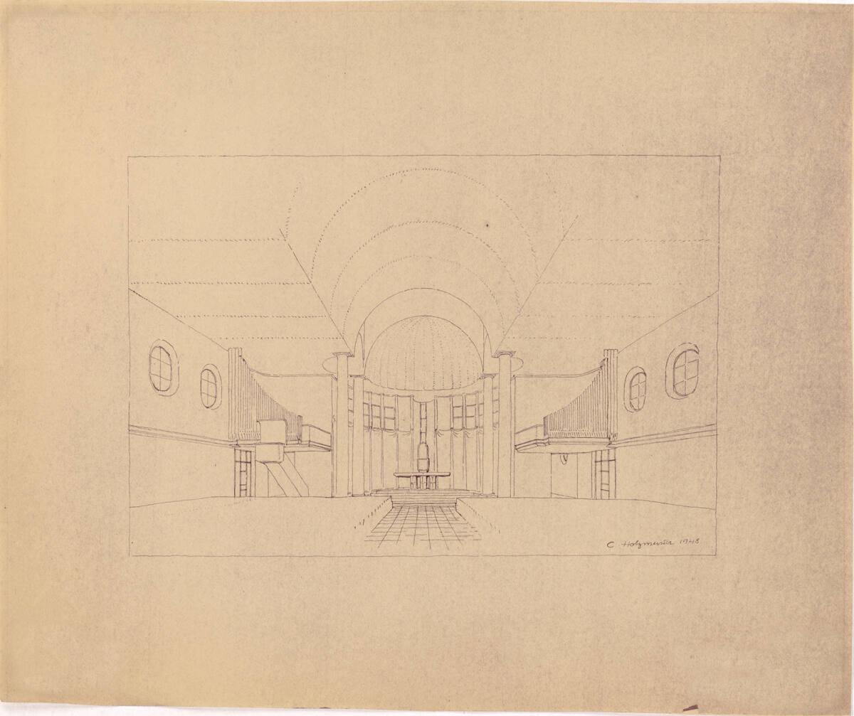 Clemens Holzmeister, Innsbruck, Pfarrkirche Saggen; Studie; Innenperspektive gegen den Altar, I…